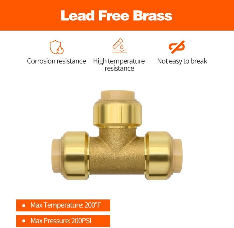 Ruby Q 2 Pack Push-to-Connect Plumbing Fittings, 1/2" Pushfit Tee Fittings with Disconnect Clip for Copper, PEX, CPVC Pipe - Image 4